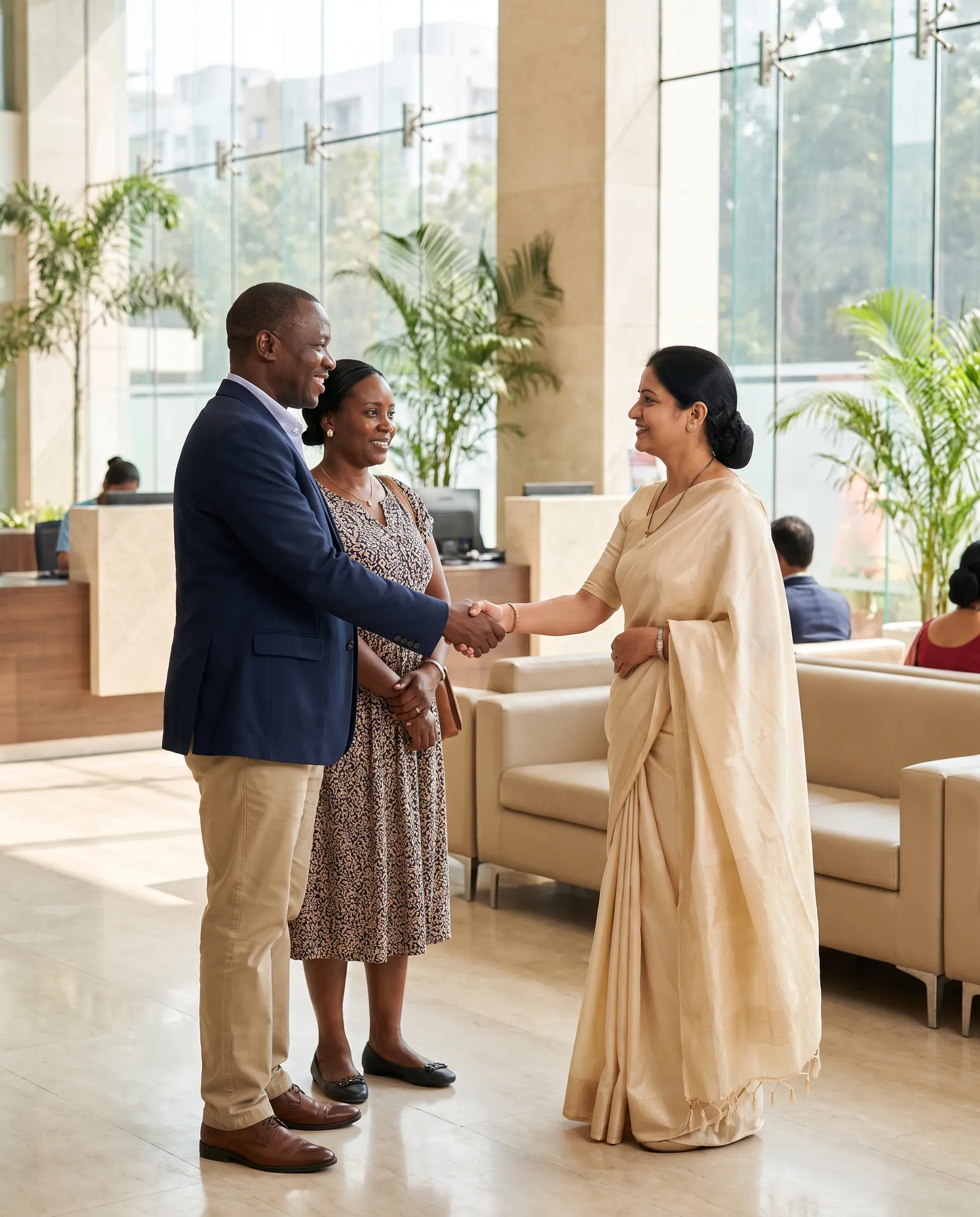 An African couple being welcomed by an Ethereal Healthcare coordinator in a Delhi hospital lobby