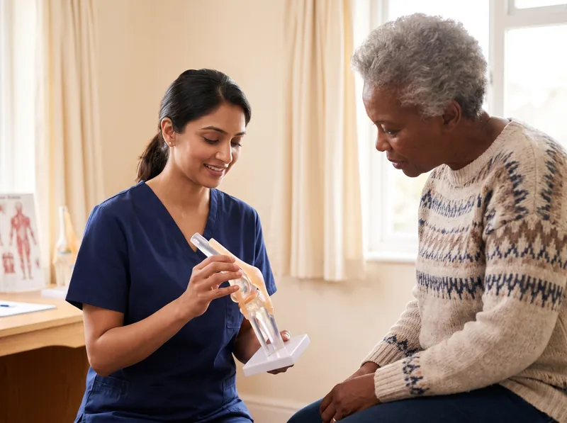 Orthopaedic surgeon showing a knee model to a patient